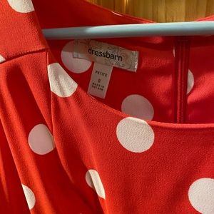 Coral with white polka dot dress with white belt